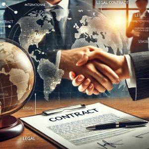 Dos empresarios dándose un apretón de manos tras firmar un contrato internacional sobre una mesa marrón