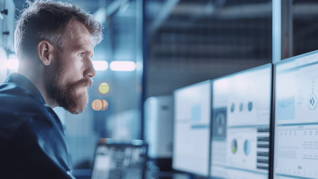 Hombre con barba y cabello claro observa atentamente varias pantallas de computadora en una sala de control. Las pantallas muestran gráficos, diagramas y datos, lo que sugiere que supervisa procesos industriales o sistemas digitales. El entorno es moderno, con iluminación tenue y un fondo ligeramente desenfocado que resalta el enfoque del trabajador. La imagen transmite concentración y análisis de datos.