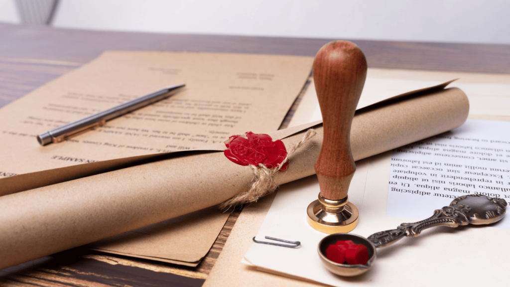 Sobre una mesa de madera hay un conjunto de documentos legales, entre ellos un pergamino enrollado y atado con cuerda de yute, sellado con cera roja. Junto a él se encuentra un sello de lacre con mango de madera, una cuchara metálica con pequeños trozos de cera y un bolígrafo plateado. El entorno sugiere un proceso formal de validación o autenticación de documentos. La imagen representa el contexto de una herencia internacional, donde intervienen documentos oficiales y procedimientos notariales.