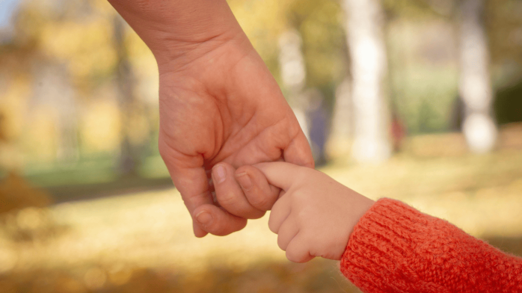 Mano de una persona adulta cogiendo la mano de un niño al aire libre, simbolizando la protección familiar y la adopción internacional en España.