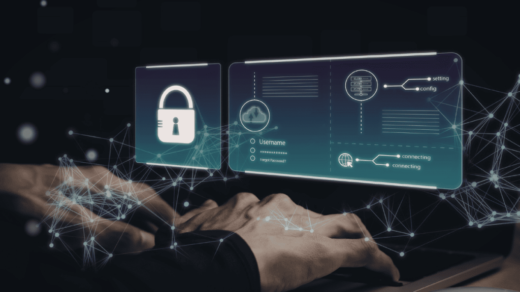 Persona usando un portátil con interfaz digital y candado de seguridad, representando la prueba de prácticas de competencia desleal en entornos digitales