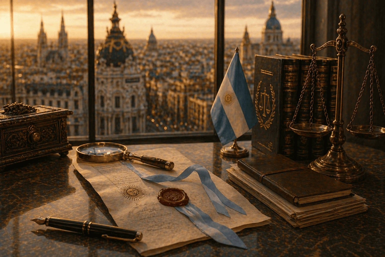 Des documents relatifs à une succession et un dossier de localisation d'un héritage argentin reposent sur un bureau international, à côté d'un drapeau argentin, de la balance de la justice, d'une loupe, de livres juridiques et de vues de Madrid au coucher du soleil depuis un cabinet d'avocats spécialisé en droit successoral international