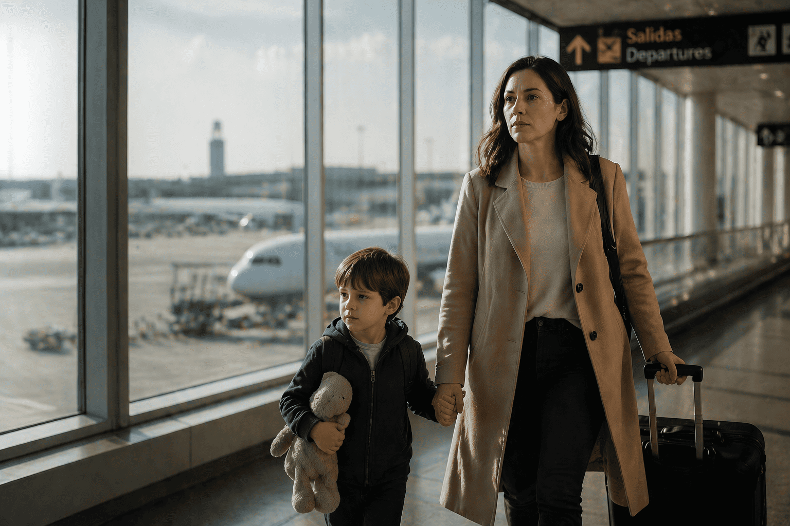 Madre y niño caminan por la terminal de un aeropuerto con maleta, en una escena sobre custodia internacional de menores.