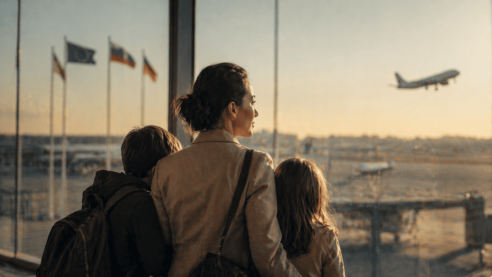 Madre con dos hijos observa un avión desde el aeropuerto, en una escena vinculada a la sustracción internacional de menores.