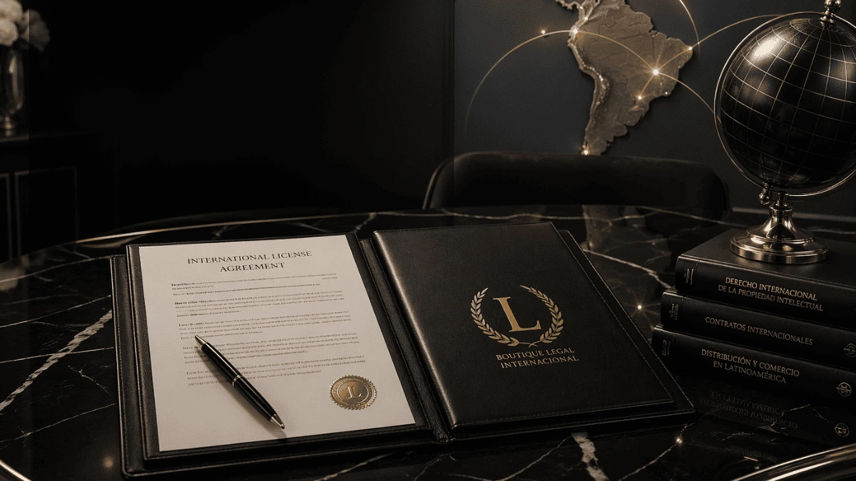 Contrato internacional de licencia comercial sobre mesa de despacho jurídico, con documento “International License Agreement”, bolígrafo, libros de derecho internacional de propiedad intelectual, globo terráqueo y mapa de Latinoamérica iluminado al fondo, representando acuerdos internacionales de licencia y distribución comercial en Latinoamérica.