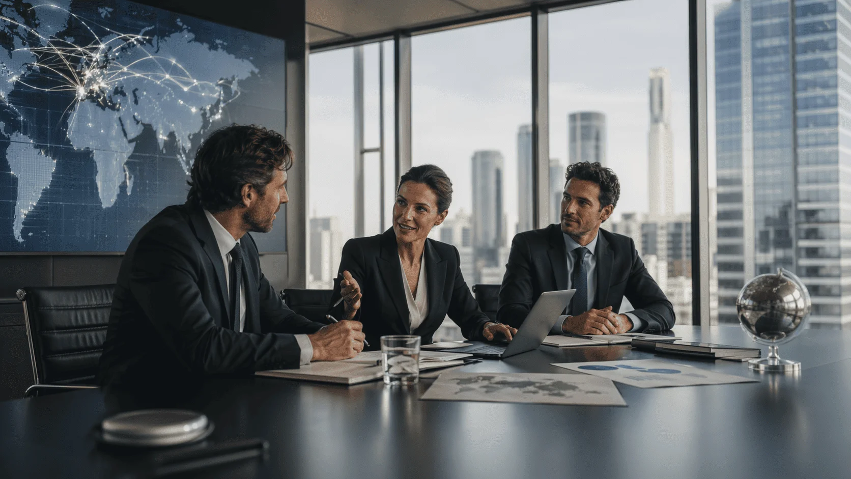 Equipo jurídico analiza estrategia empresarial global en una reunión sobre competencia desleal internacional.