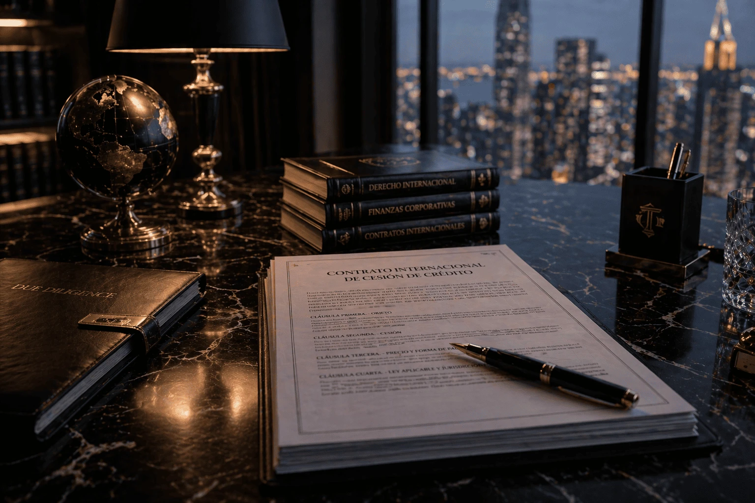 Documento de contrato internacional de cesión de crédito sobre mesa de despacho jurídico corporativo, con bolígrafo, libros de derecho internacional y finanzas corporativas, globo terráqueo y vista nocturna urbana, representando acuerdos financieros y cesión internacional de créditos empresariales.