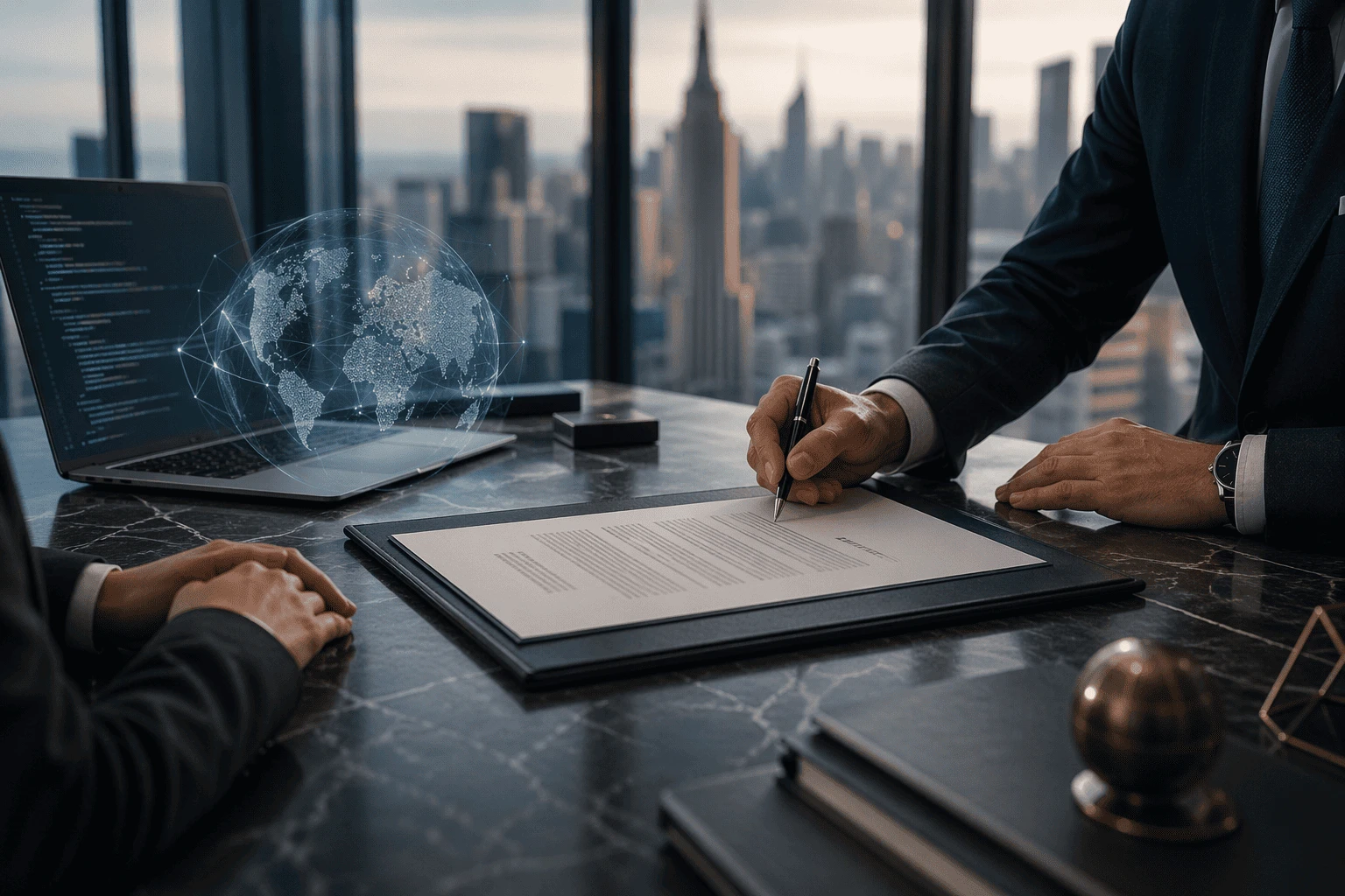 Un avocat signe un contrat international de logiciel dans un bureau d'entreprise moderne, avec un ordinateur portable affichant le code, un hologramme numérique d'une carte du monde et un client réuni autour d'une table de négociation, représentant des accords technologiques internationaux et des services numériques.