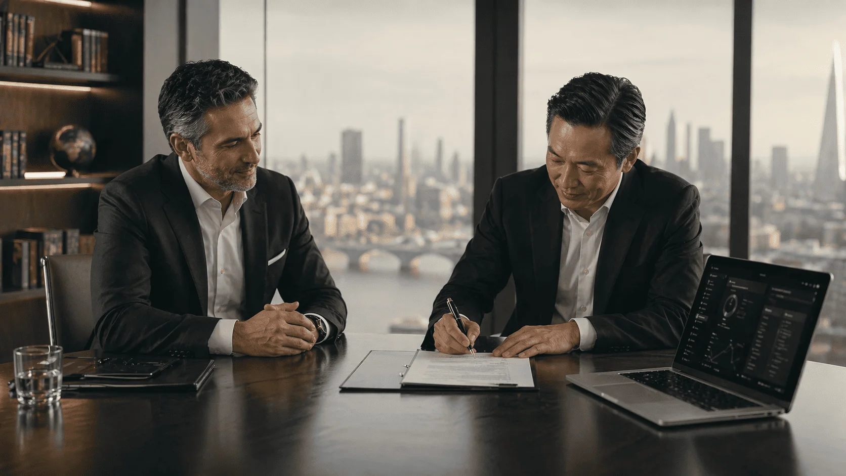 Executive signs international technology contract with legal advice and on-screen data analysis.