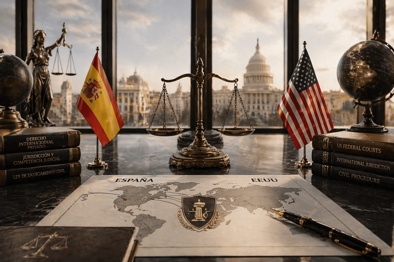 Mesa de despacho jurídico internacional con balanza de la justicia, banderas de España y Estados Unidos, libros de derecho internacional privado y jurisdicción civil, mapa mundial sobre la mesa y vista institucional urbana al fondo, representando litigios y competencia judicial entre España y EEUU.