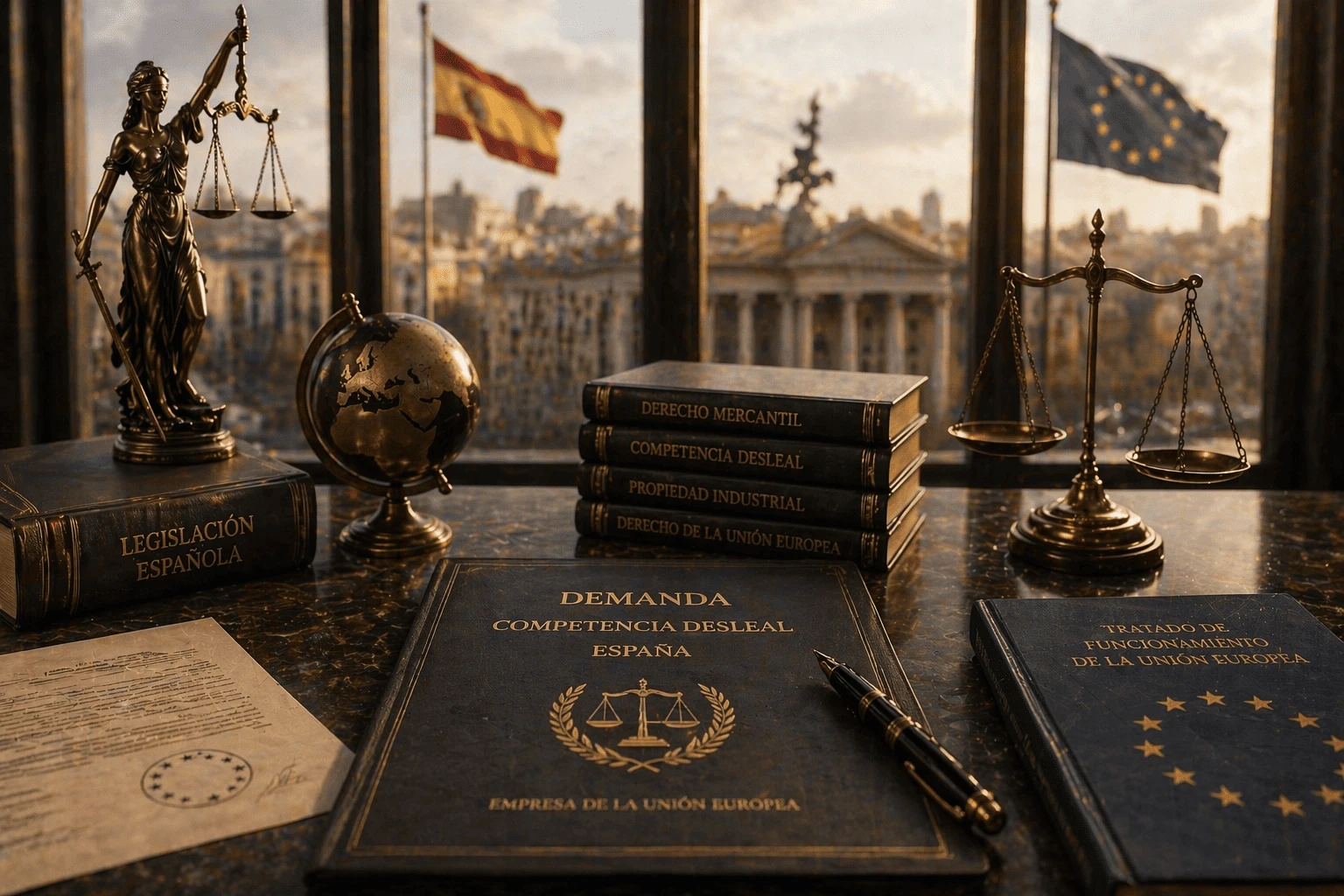 Despacho jurídico especializado en competencia desleal y derecho mercantil europeo con expediente de demanda en España, libros de legislación española y normativa de la Unión Europea, balanzas de justicia, bandera de España y bandera de la UE sobre mesa de abogado con vista urbana institucional de fondo.