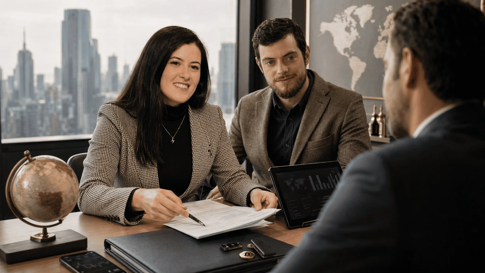 Mar Gámez y Emilio Barquero, abogados de RRYP Global, asesorando a un cliente en un caso de éxito de divorcio internacional con criptoactivos.