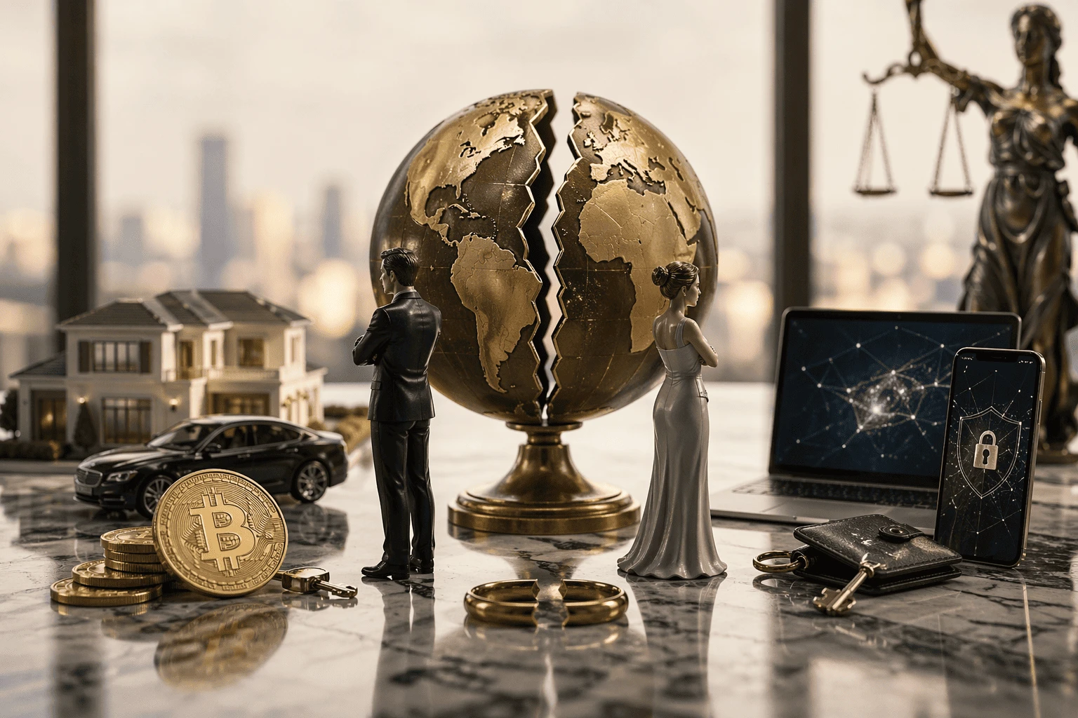 Composición sobre divorcio internacional y reparto de patrimonio con globo terráqueo dividido, figuras de pareja separada, anillos rotos, criptomonedas, vivienda, vehículo, dispositivos digitales protegidos y estatua de la justicia en despacho de derecho internacional de familia y activos digitales