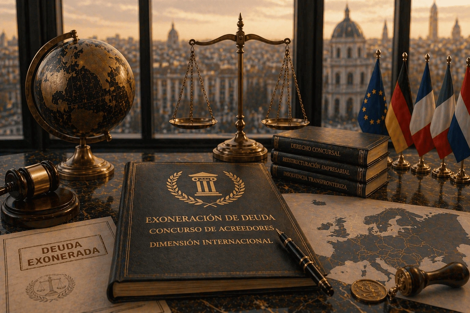 Ouvrage juridique sur la libération de dettes et les procédures d'insolvabilité à dimension internationale, au sein d'un cabinet d'avocats spécialisé en droit des faillites. On y trouve une balance de la justice, un globe terrestre, un maillet, une carte de l'Europe, un document de libération de dettes et les drapeaux de l'Union européenne, de l'Allemagne et de la France, sur fond de vues urbaines au coucher du soleil.