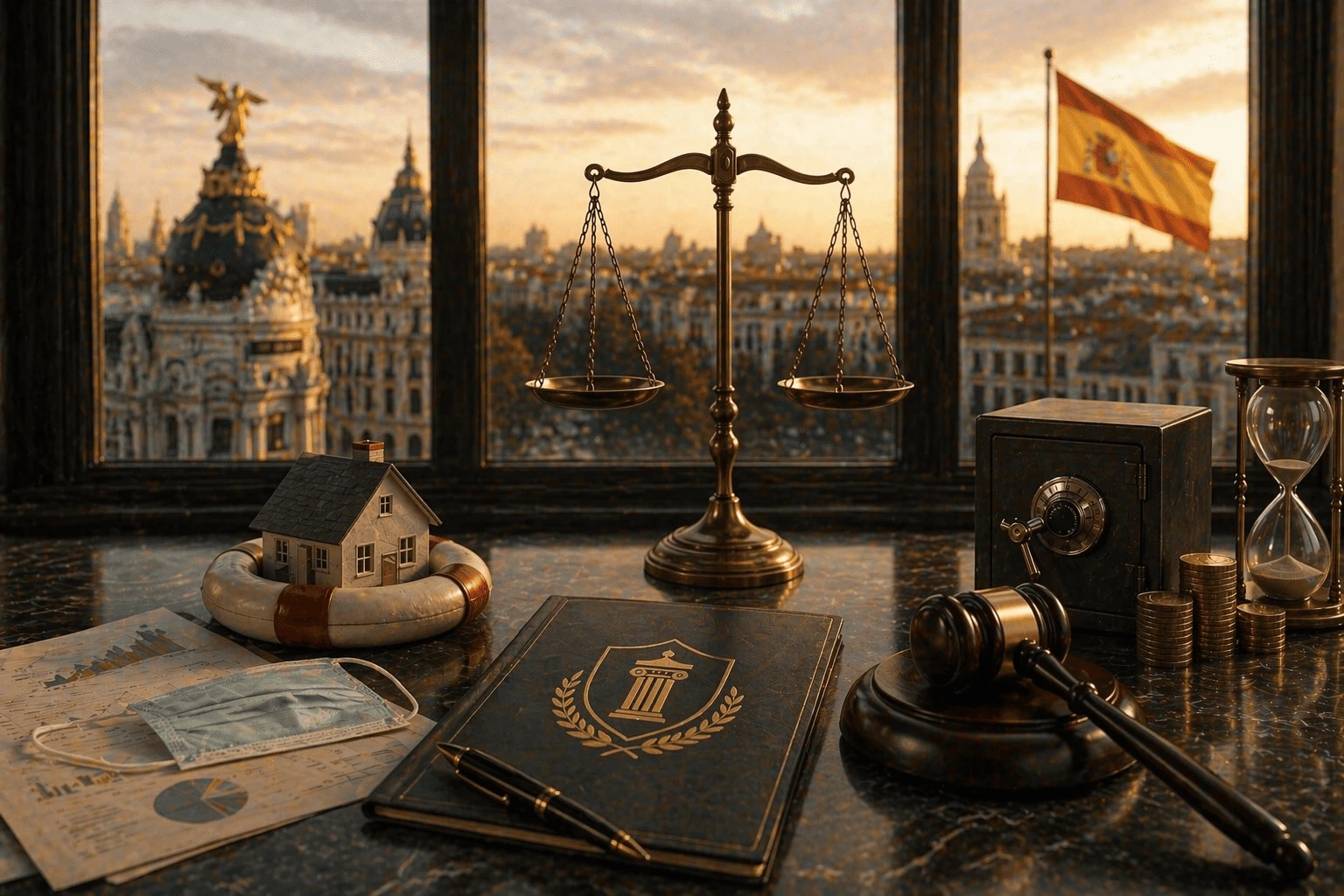 Un bureau juridique illustrant l'allègement des dettes en raison des crises conjugales et économiques découlant de la COVID, avec une balance de la justice, un maillet, un coffre-fort, un sablier, des pièces de monnaie, un masque et une maquette de maison devant une ville. Madrid au coucher du soleil avec le drapeau espagnol.