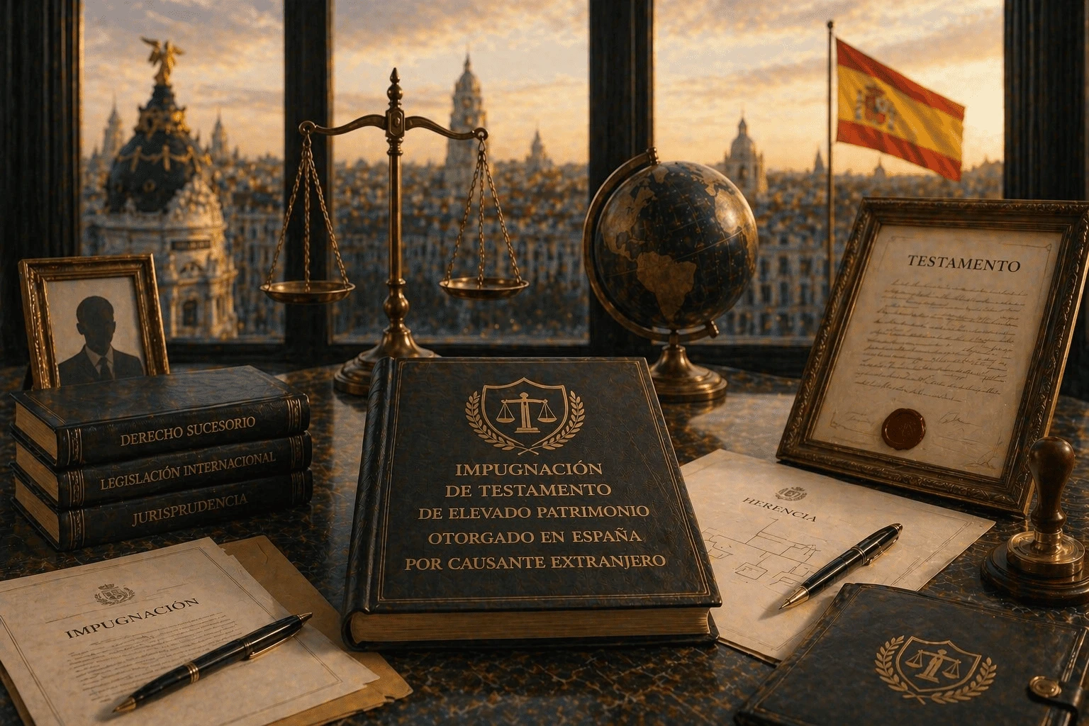 Libro jurídico sobre impugnación de testamento de elevado patrimonio otorgado en España por causante extranjero, junto a documentos de herencia, testamento enmarcado, balanza de justicia, globo terráqueo y bandera de España en despacho de derecho sucesorio internacional con vistas urbanas al atardecer.