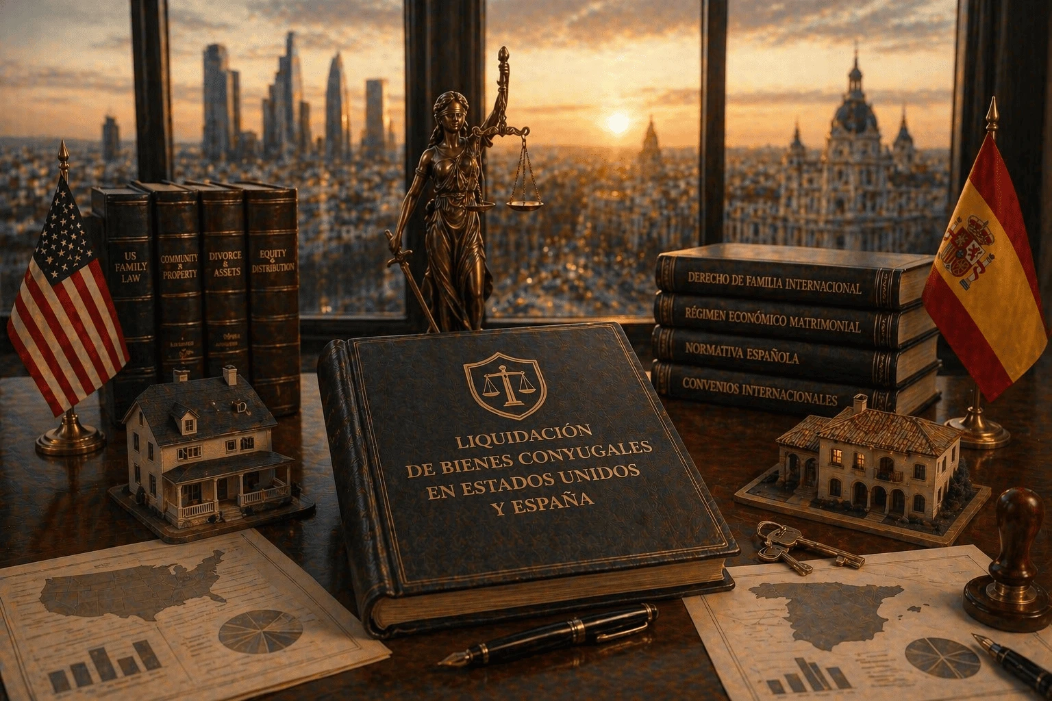 Libro de liquidación de bienes conyugales en Estados Unidos y España sobre mesa de despacho jurídico internacional, con banderas de España y Estados Unidos, estatua de la justicia, maquetas de viviendas, documentos patrimoniales y libros de derecho de familia internacional frente a una ciudad al atardecer.