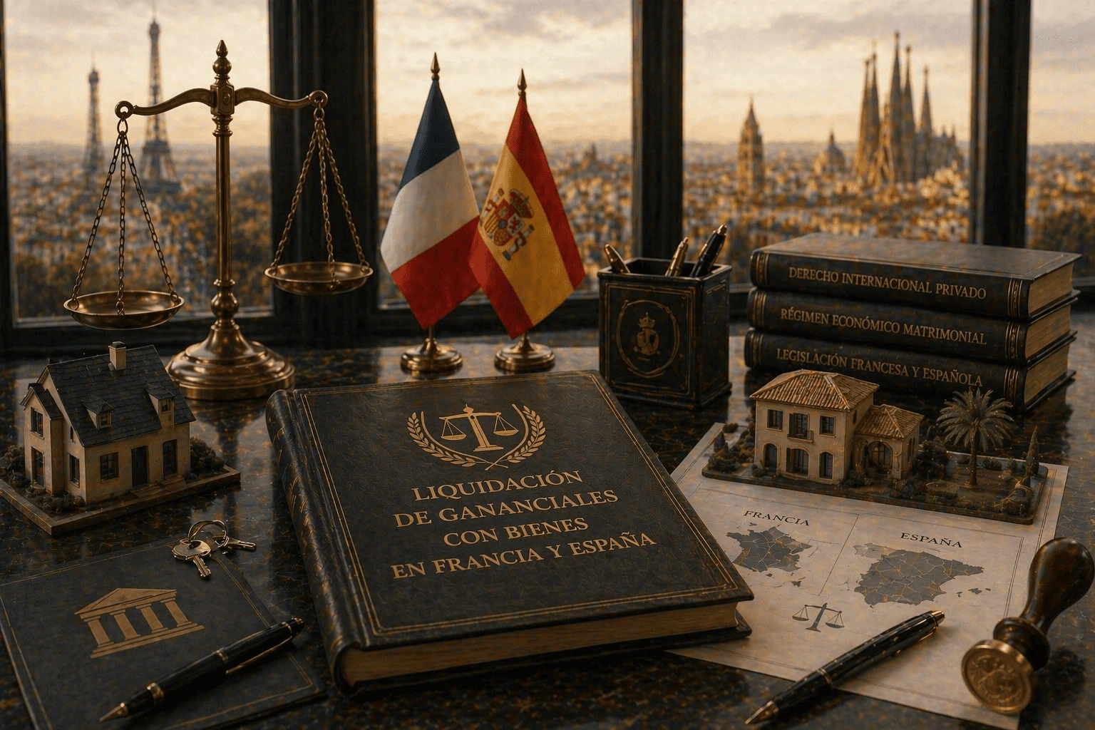 Livre de règlement des biens matrimoniaux avec des actifs en France et en Espagne sur un bureau de bureau international, à côté des drapeaux de la France et de l'Espagne, de balances de la justice, de titres de propriété, de maquettes immobilières et de livres de droit international privé avec des vues urbaines au coucher du soleil.