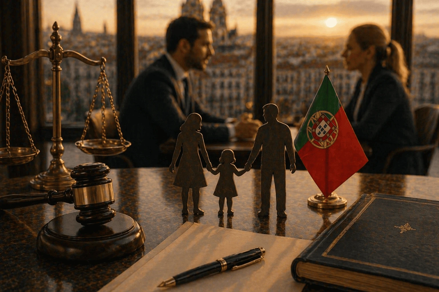 Mesa de despacho de abogados de familia internacional con mazo judicial, balanza de la justicia, bandera de Portugal y figuras familiares, mientras una pareja mantiene una reunión legal en oficina con vistas urbanas al atardecer.