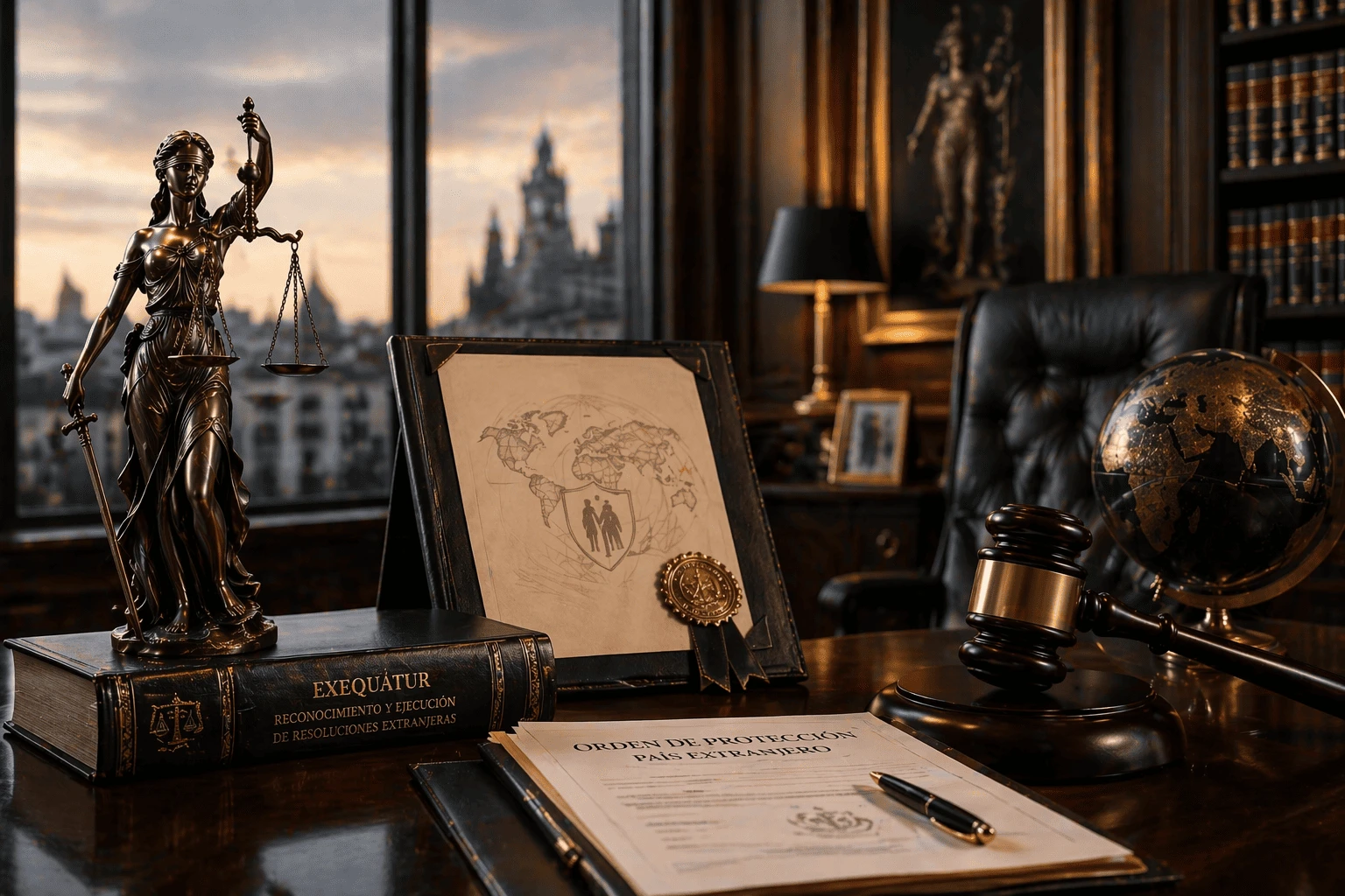 Despacho de abogados especializado en exequátur y reconocimiento de resoluciones extranjeras, con orden de protección internacional, mazo judicial, globo terráqueo y estatua de la justicia sobre mesa de oficina jurídica internacional al atardecer.