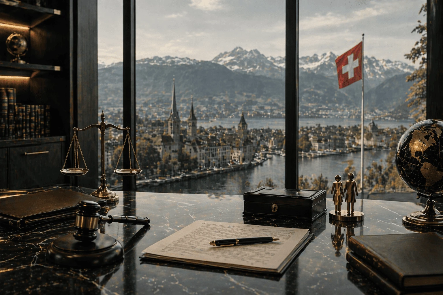 Escritorio de despacho jurídico internacional con mazo judicial, balanza de la justicia, documentación legal y vista panorámica de ciudad suiza con bandera de Suiza, lago y montañas al fondo desde oficina de abogados especializada en derecho internacional.