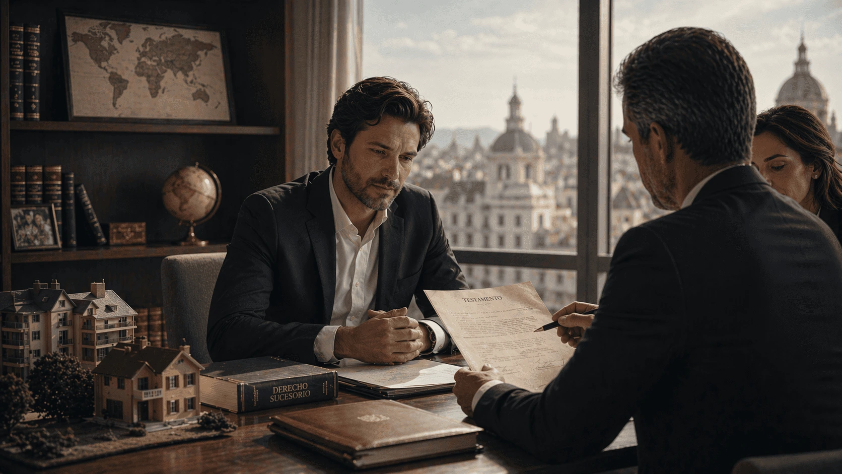 Abogado asesora a clientes sobre testamento y patrimonio inmobiliario en un caso de sucesión internacional.
