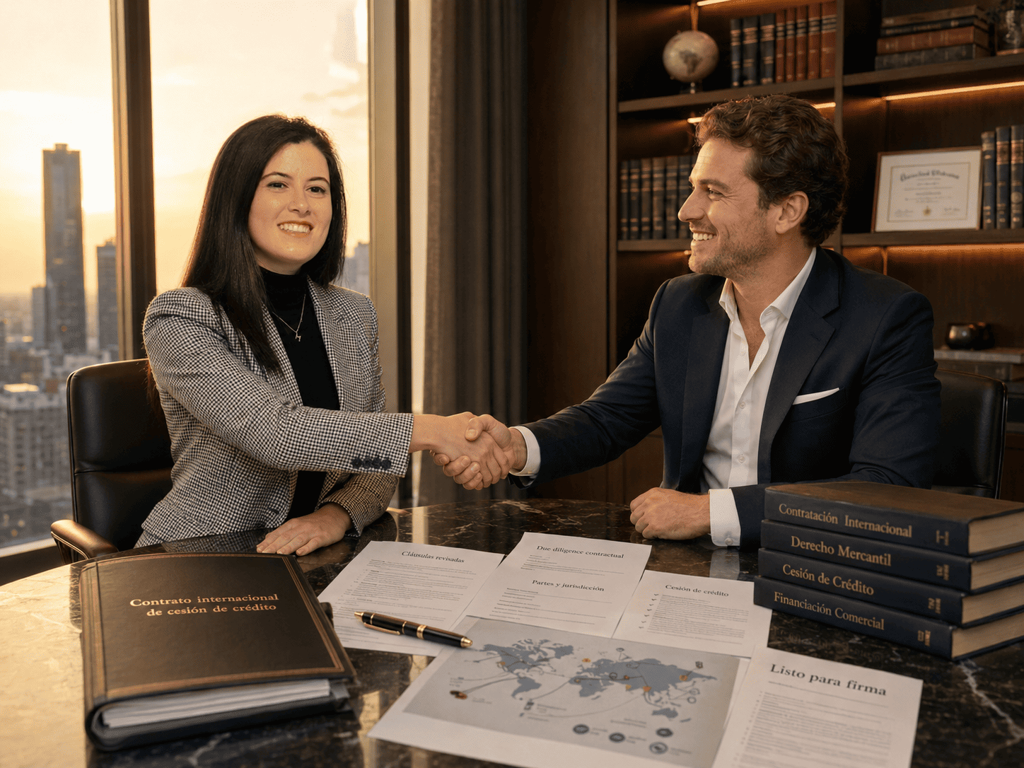 Reunión de RRYP Global para formalizar un contrato internacional de cesión de crédito con asesoramiento jurídico mercantil y financiación comercial.