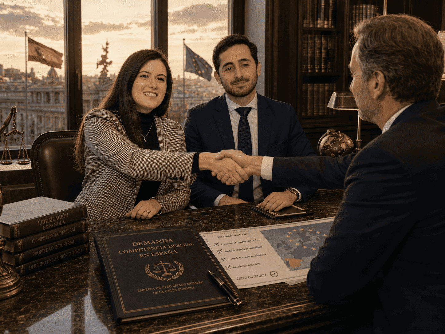 Mar Gámez y Antonio Muñoz, abogados de RRYP Global, estrechan la mano de un cliente en un caso de éxito por demanda de competencia desleal en España frente a una empresa de la Unión Europea.