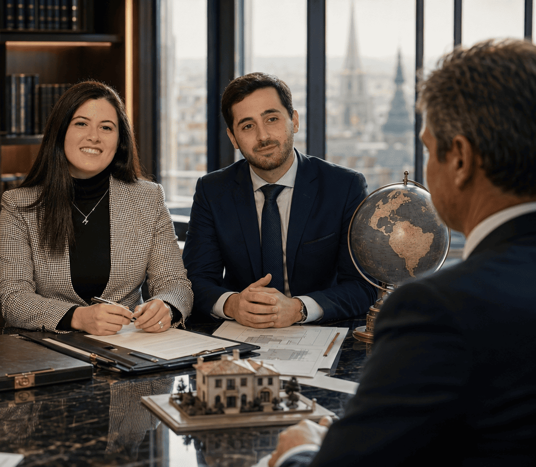 Mar Gámez y Antonio Muñoz, abogados de RRYP Global, reunidos con un cliente en un caso de éxito de liquidación internacional de gananciales.