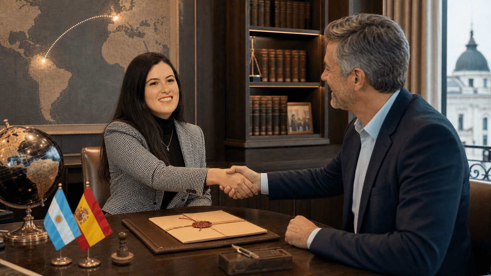 Mar Gámez, avocate chez RRYP Global, rencontre un citoyen argentin dans le cadre d'une affaire réussie de localisation d'héritage international en Espagne.