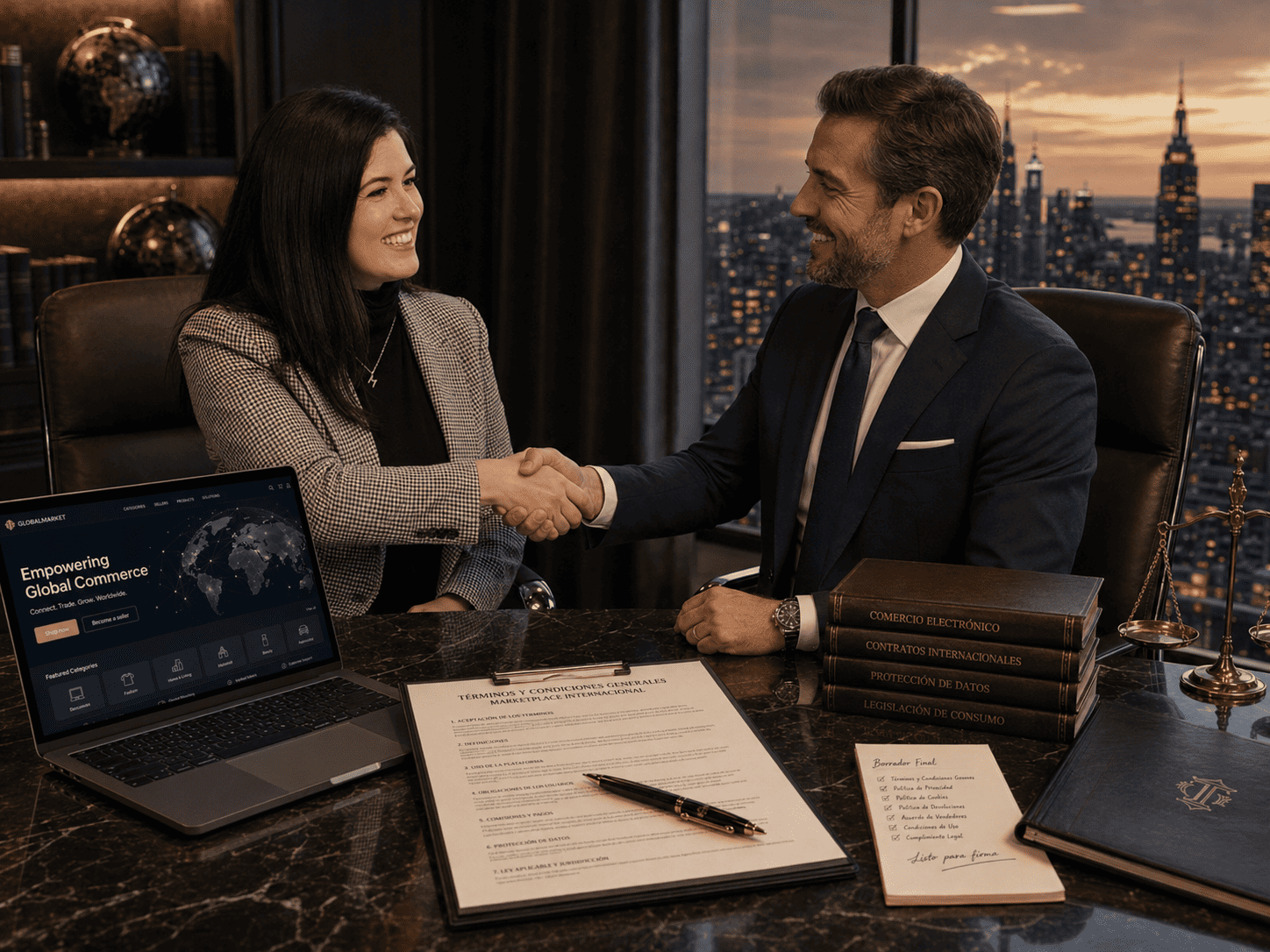 Mar Gámez, avocate chez RRYP Global, conclut une réunion de conseil juridique pour un marché international avec un client du secteur du commerce électronique.